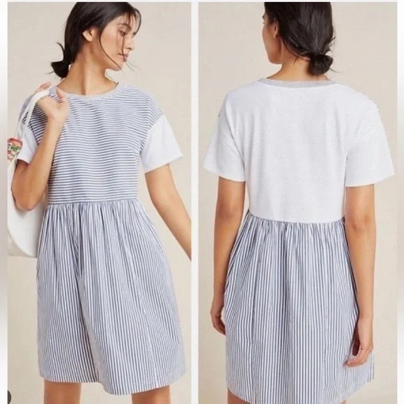 Anthropologie Dress Women Size Medium Mixed Media Shift Blue White Stripe XL - Picture 1 of 4